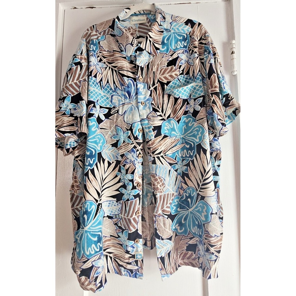 Caribbean men 2XB SILK Rayon blend  button up camp aloha floral shirt